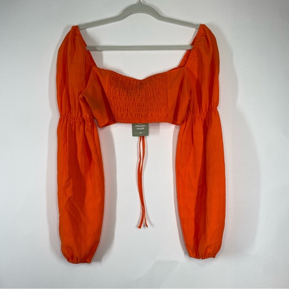 H&M Balloon-Sleeved Cropped Blouse Top Orange Size M Rave Festival Tie Front - Picture 4 of 12